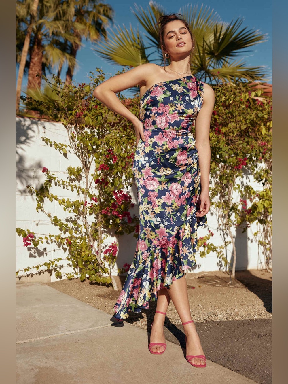 Lulus Navy Floral One Shoulder Asymmetrical Ruffle Midi Dress Large